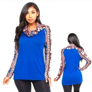 M & M  Southwestern Knit Top Patterned Sleeves and Cowl Neck Pullover LG